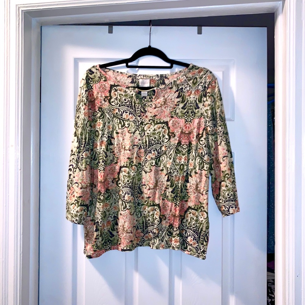 Chico’s Size 3 XL Floral Paisley 3/4 Sleeve Stretch Knit Top